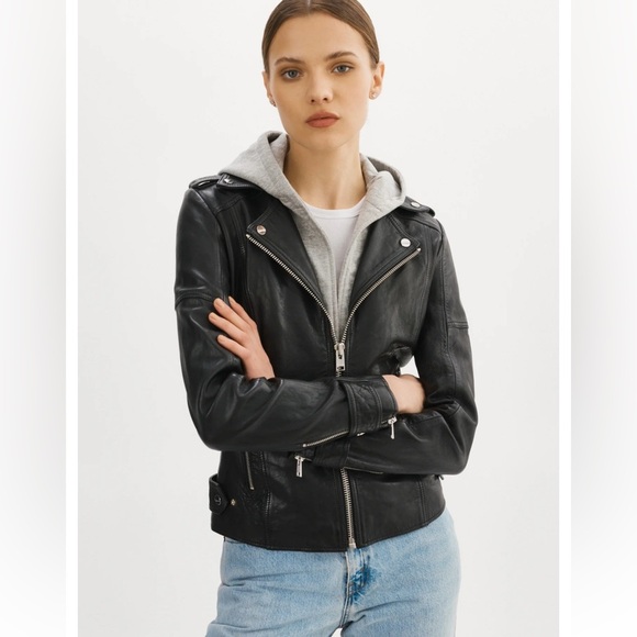 Lamarque ANNA LEATHER BIKER black JACKET Gray Hoodie lambskin ladies medium - Picture 2 of 11